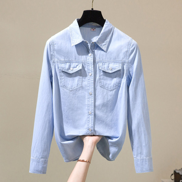 Moteriški džinsiniai marškiniai su kišenėmis