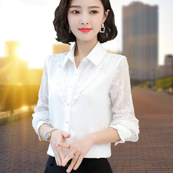 Elegantiški moteriški marškiniai su apykakle ir siuvinėjimais