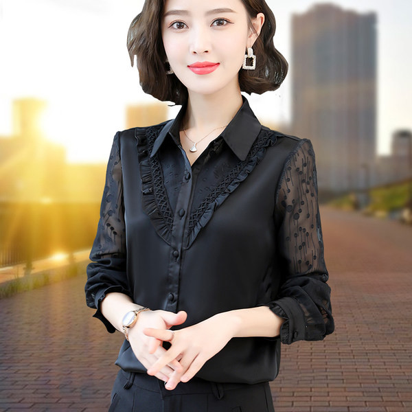 Elegantiški moteriški marškiniai su apykakle ir siuvinėjimais