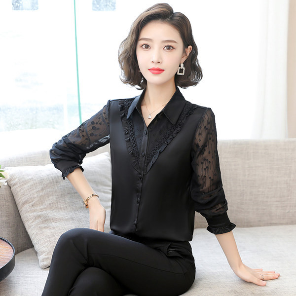 Elegantiški moteriški marškiniai su apykakle ir siuvinėjimais