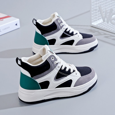 Tenisi de damă din piele ecologică, înalți, cu șireturi și inscripții