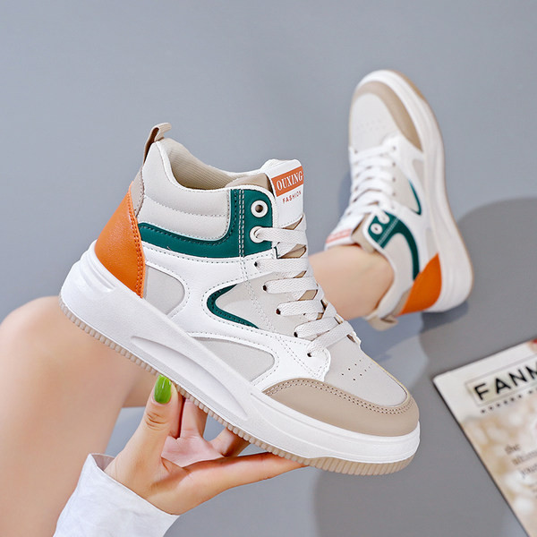 Tenisi de damă din piele ecologică, înalți, cu șireturi și inscripții