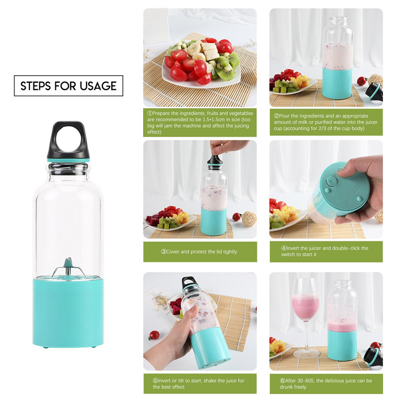 USB punjivi prijenosni sokovnik Blender 500 ml Stroj Električni sokovnik Šalica s ručkom za šejkove Ledeni smoothie Svježe voće