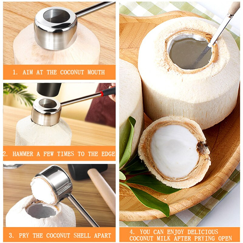 Kokoso riešutų atidarytuvas 304 nerūdijančio plieno kokoso kevalų atidarytuvas Guminis plaktukas maisto kokybės virtuvės įrankių rinkinys vaisių kokoso riešutų atidarytuvas