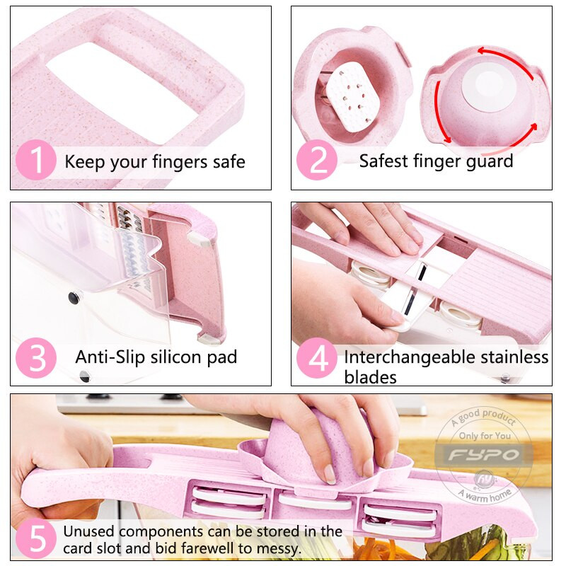 Fypo Pink 6 az 1-ben többfunkciós konyhai zöldségreszelő Sárgarépaszeletelő Aprítógép Burgonya sár aprító Konyhai kütyü