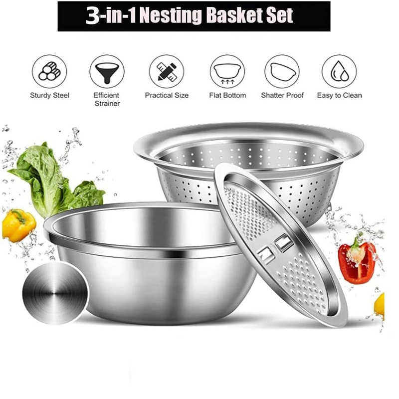 MLIA 26 cm 3 az 1-ben növényi sajtszeletelő lefolyó kosár rozsdamentes acél mosdókagyló zöldséges Julienne reszelő salátakészítő tál