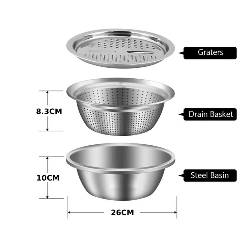 MLIA 26 cm 3 az 1-ben növényi sajtszeletelő lefolyó kosár rozsdamentes acél mosdókagyló zöldséges Julienne reszelő salátakészítő tál