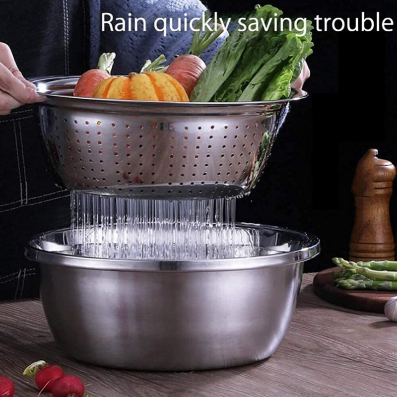 MLIA 26 cm 3 az 1-ben növényi sajtszeletelő lefolyó kosár rozsdamentes acél mosdókagyló zöldséges Julienne reszelő salátakészítő tál