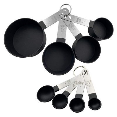 Мерителни чаши и лъжици от 8 части Кухненски инструменти за измерване на течности и твърди вещества, черни