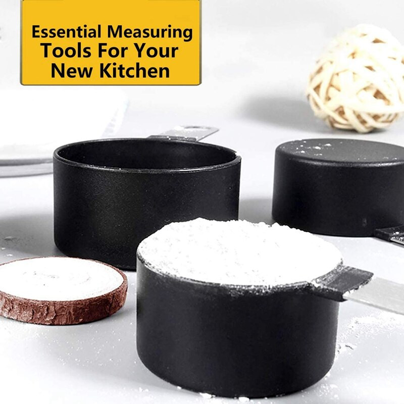 8 dalių matavimo puodeliai ir šaukštai virtuvės lizdų matavimo įrankiai skysčiams ir kietosioms medžiagoms, juodi