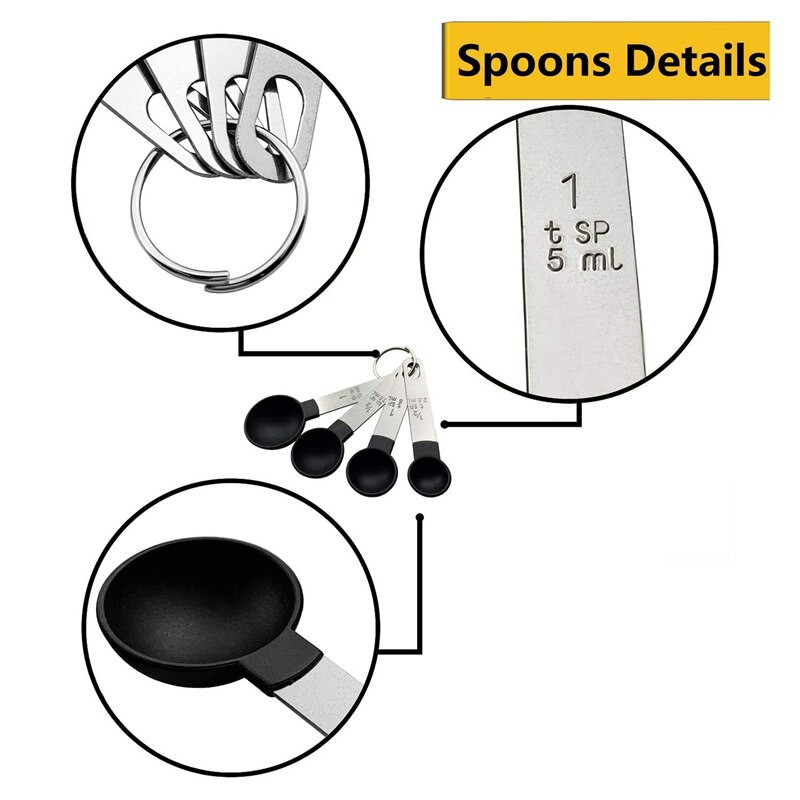 8 dalių matavimo puodeliai ir šaukštai virtuvės lizdų matavimo įrankiai skysčiams ir kietosioms medžiagoms, juodi