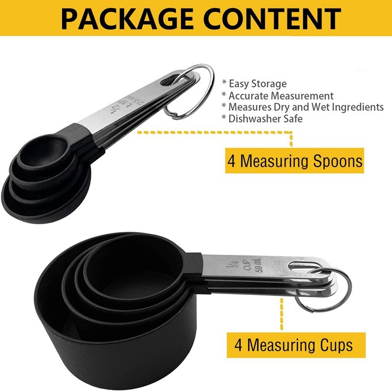 8 dalių matavimo puodeliai ir šaukštai virtuvės lizdų matavimo įrankiai skysčiams ir kietosioms medžiagoms, juodi