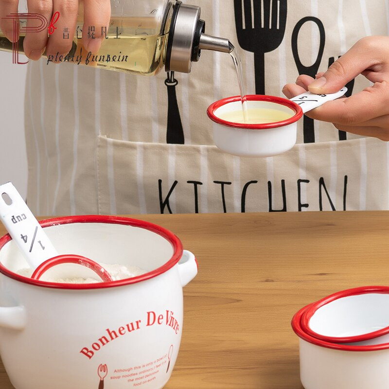 Παλιό στυλ σμάλτο καφέ σκανδιναβικό κλασικό κόκκινο άκρο μαύρη άκρη μεζούρα κουτάλι καφέ κουτάλι ψησίματος εργαλείο κουτάλι ζυγαριάς κουτάλι