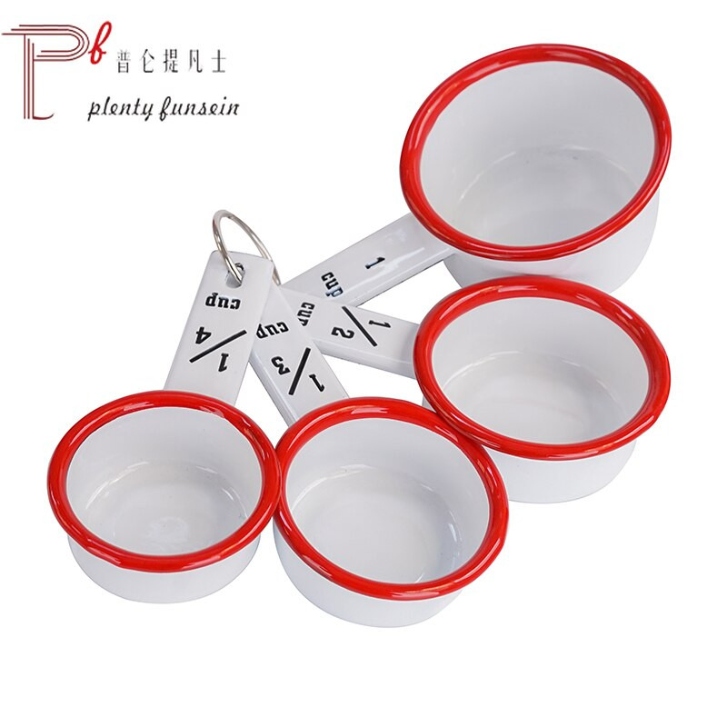 Παλιό στυλ σμάλτο καφέ σκανδιναβικό κλασικό κόκκινο άκρο μαύρη άκρη μεζούρα κουτάλι καφέ κουτάλι ψησίματος εργαλείο κουτάλι ζυγαριάς κουτάλι