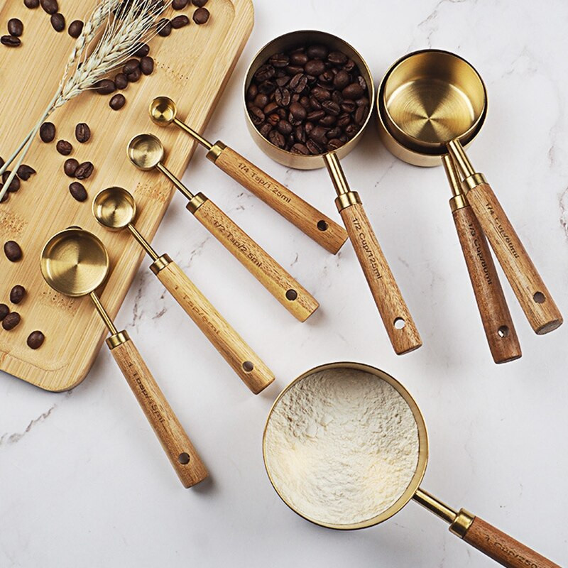 Σετ κουταλιών μέτρησης με ξύλινη λαβή από ανοξείδωτο ατσάλι Μεζούρα ψησίματος εργαλείων ψησίματος Αξεσουάρ κουζίνας