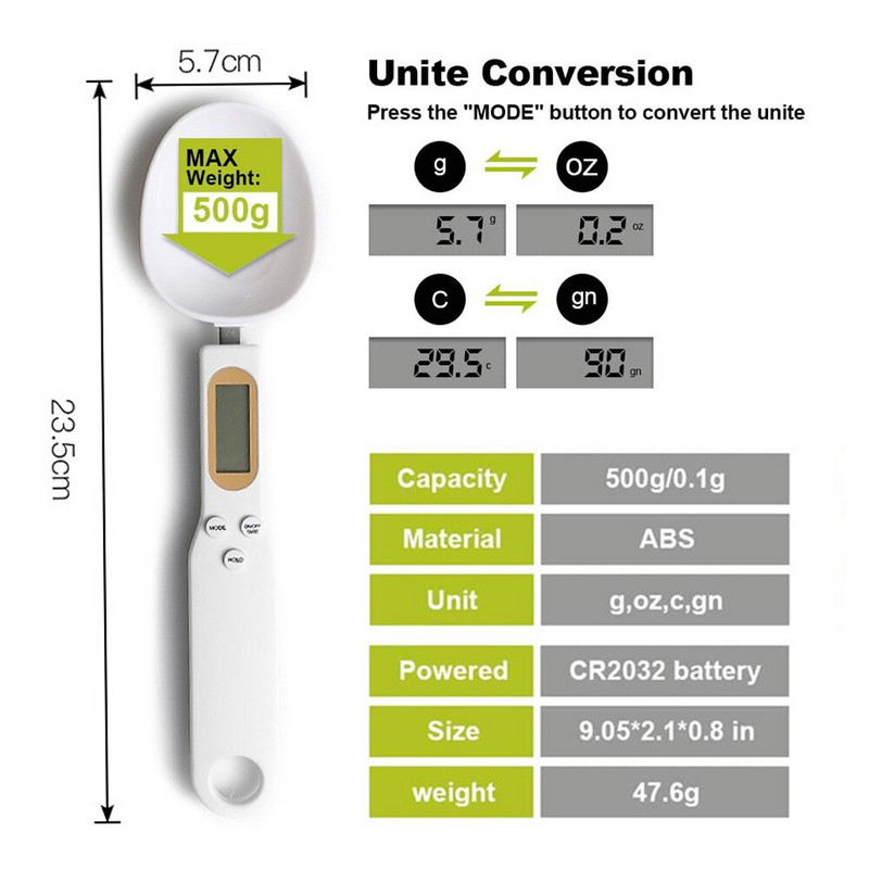 Ζυγαριά κουταλιού κουζίνας 500g Ψηφιακή μέτρηση Ηλεκτρονική οθόνη LCD Βάρος γραμμάριο Ζυγαριά φαγητού Ακριβή αξεσουάρ ψησίματος μαγειρέματος