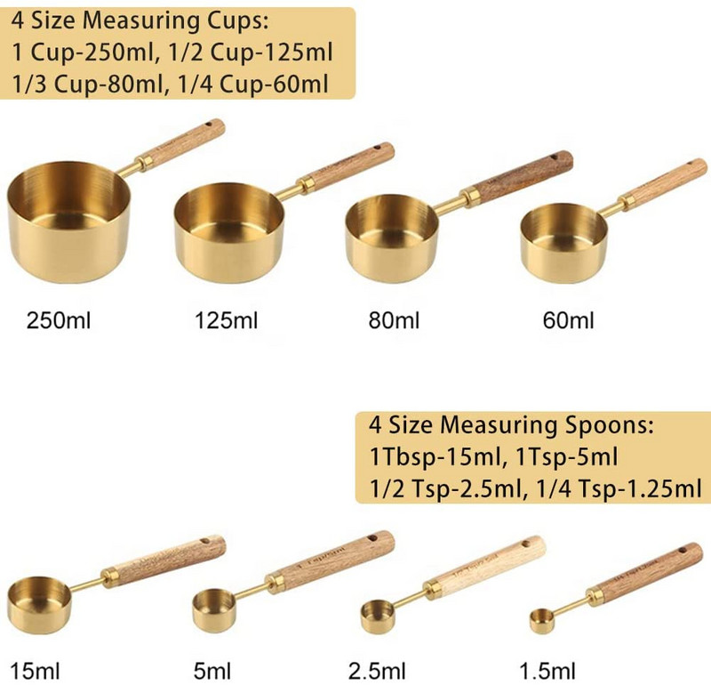 4/8 τμχ Σετ κουταλιών μέτρησης, αξεσουάρ κουζίνας, χρυσό ανοξείδωτο κύπελλο μέτρησης με ξύλινη λαβή Εργαλεία ψησίματος καφέ