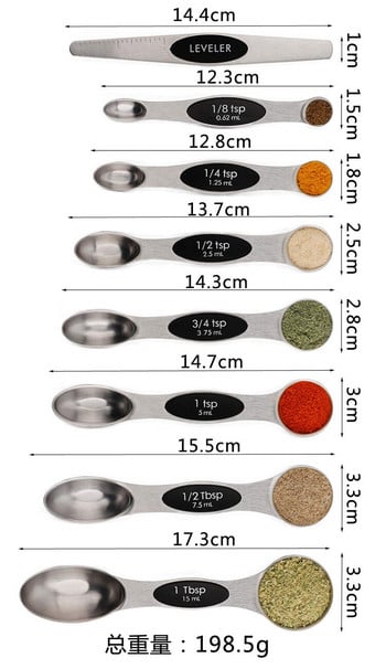 8 ΤΕΜ για ξηρά και υγρά συστατικά Μαγνητική μέτρηση κουταλάκι του γλυκού κουταλάκι της σούπας από ανοξείδωτο χάλυβα διπλής κεφαλής Μεζούρα