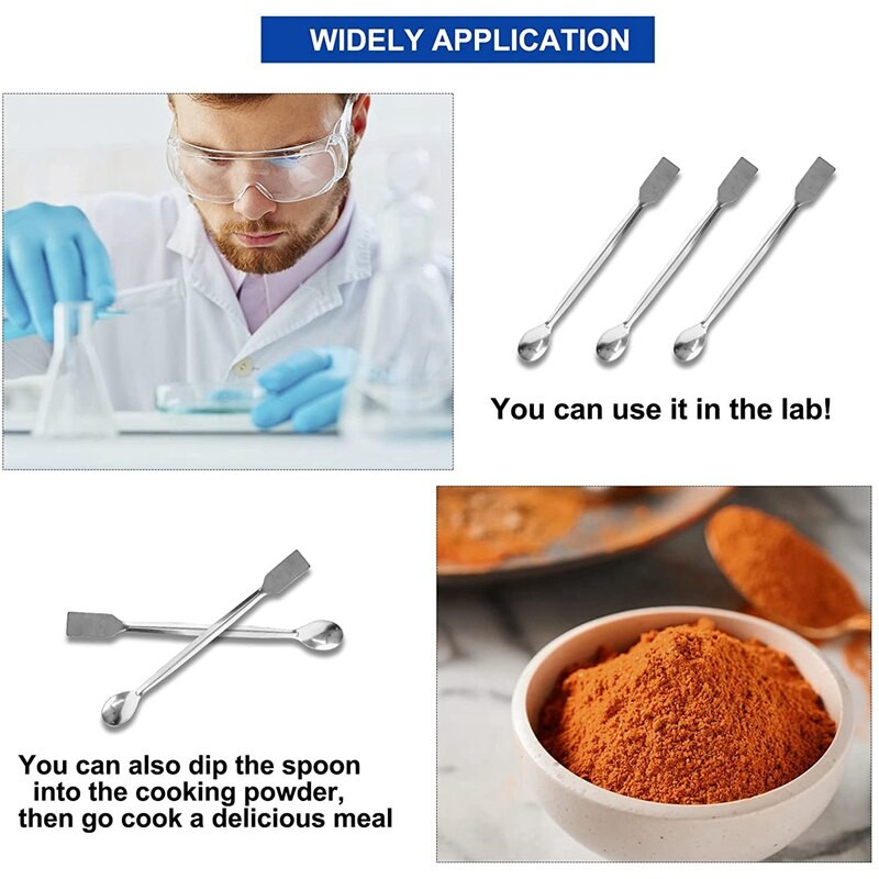 Rozsdamentes acél laboratóriumi kanál 10 db, kétvégű laboratóriumi kanál mini laboratóriumi spatula reagens mintavételhez, keverés méréshez