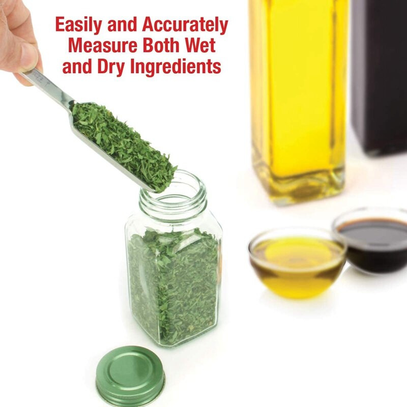 Mérőkanalak bónuszszintezővel, rozsdamentes acél fém, száraz és folyékony hozzávalók méréséhez főzéshez és sütéshez