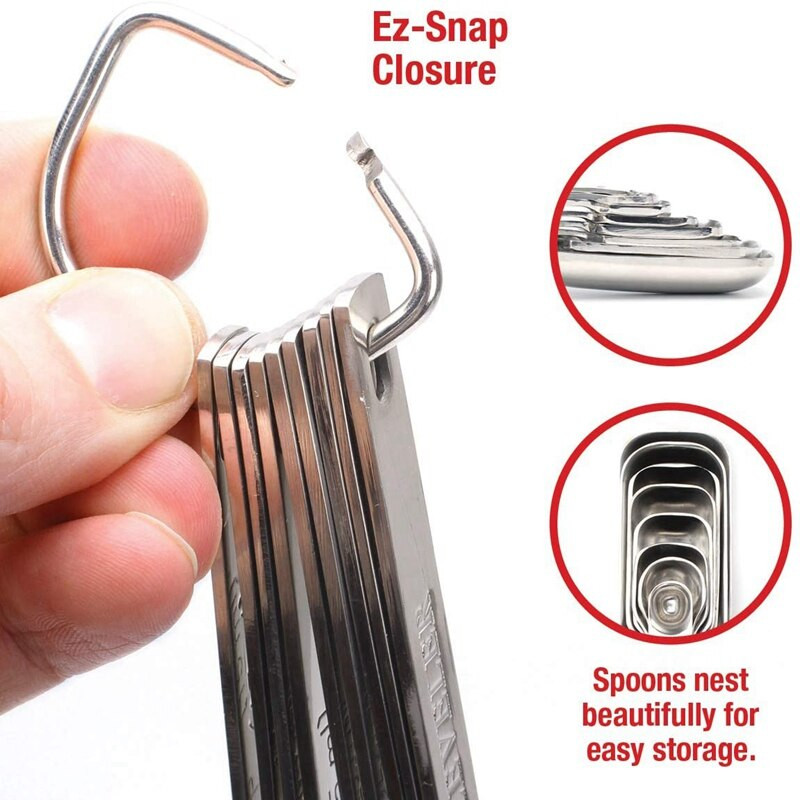 Mérőkanalak bónuszszintezővel, rozsdamentes acél fém, száraz és folyékony hozzávalók mérésére főzéshez és sütéshez