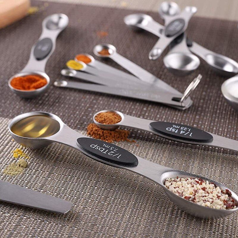 Mérőkanalak, 6 kétoldalas mágneses mérőkanál, szintező, mini mérőkanál száraz és folyékony hozzávalókhoz