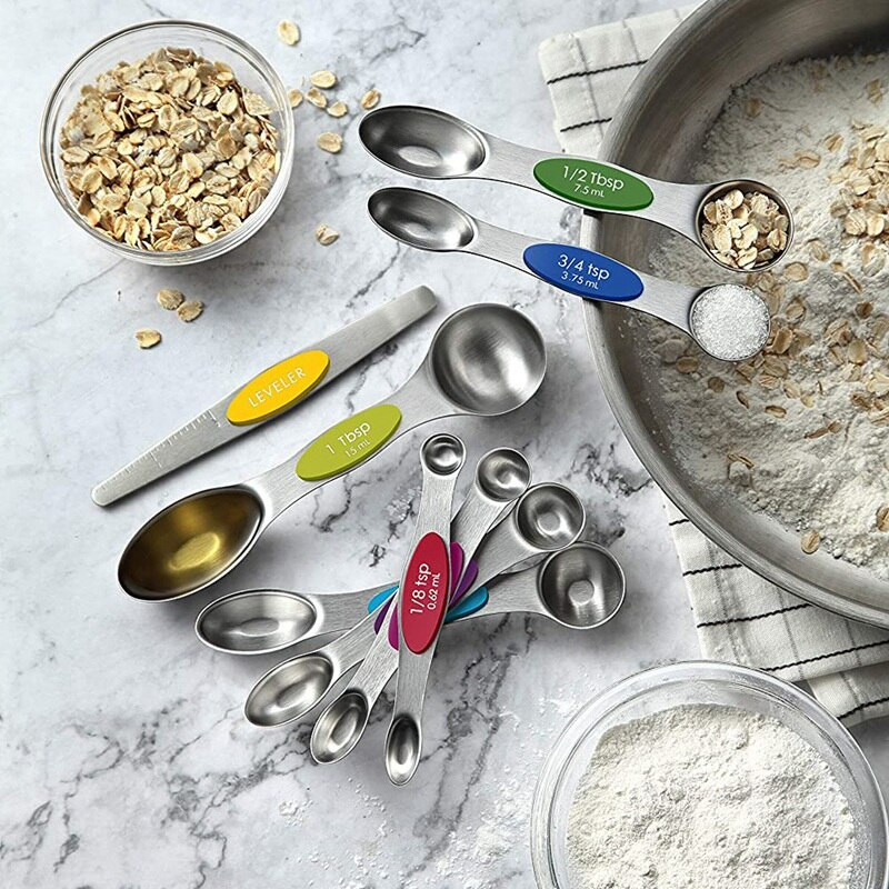 Mérőkanalak, 6 kétoldalas mágneses mérőkanál, szintező, mini mérőkanál száraz és folyékony hozzávalókhoz