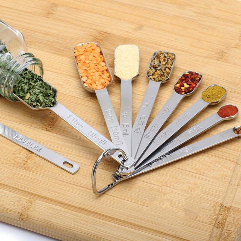 Mérőkanalak bónuszkiegyenlítővel, rozsdamentes acél fém, száraz és folyékony hozzávalók méréséhez főzéshez és sütéshez
