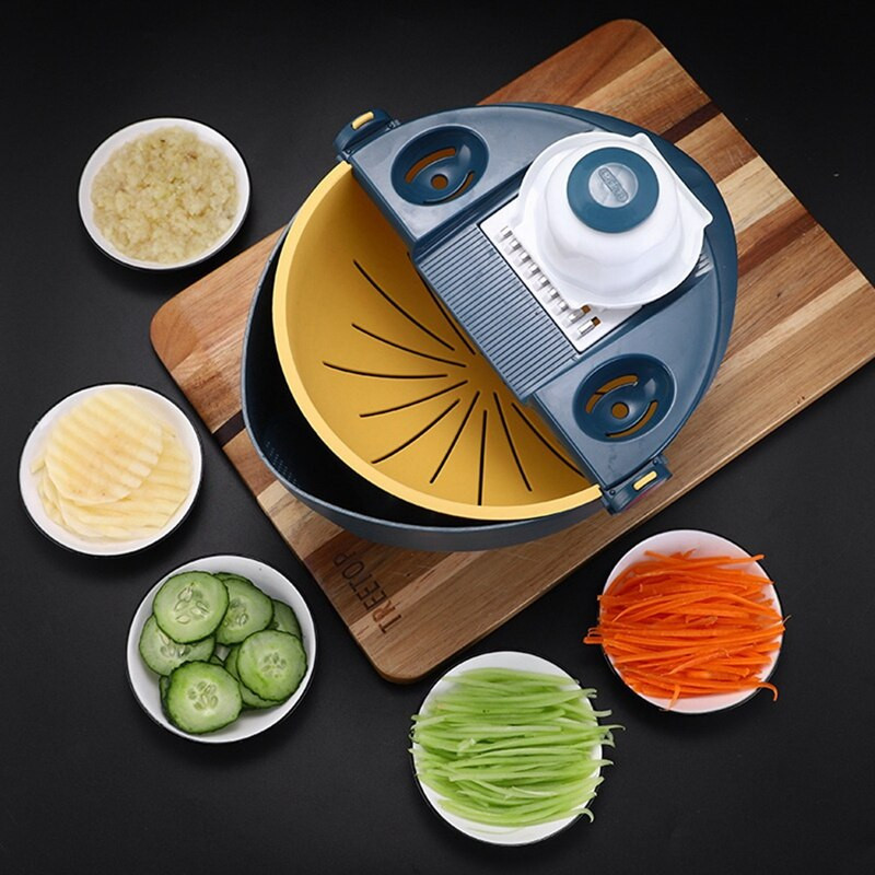 Forgatható zöldségvágó hámozó Zöldség aprító lefolyó kosárral konyhai gyümölcsökhöz, vágóeszközökhöz