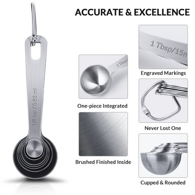 2 szett rozsdamentes acél egymásra rakható mérőkanál száraz és folyékony hozzávalókhoz, maratott, jelöléssel, 1 készlet levehető gyűrűtartóval