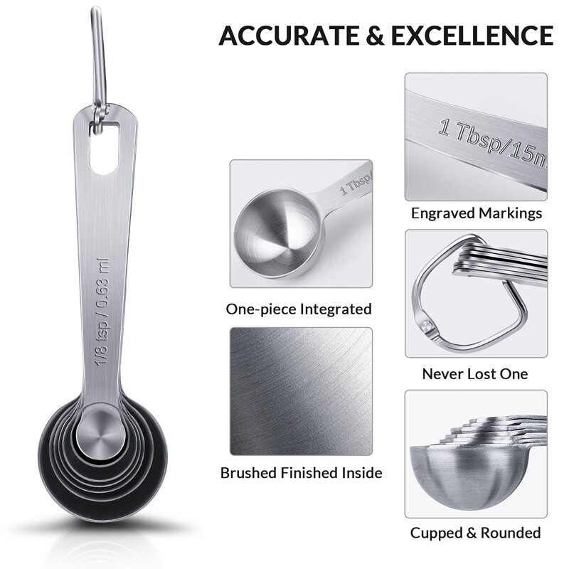 2 szett rozsdamentes acél egymásra rakható mérőkanál száraz és folyékony hozzávalókhoz, maratott, jelöléssel, 1 készlet levehető gyűrűtartóval