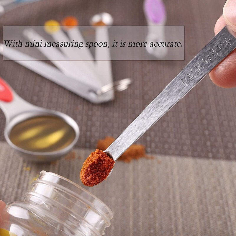 Mérőkanál készlet, kétoldalas mágneses mérőkanál, 1 szintező, 5 mini mérőkanál, szárazhoz, folyékony hozzávalókhoz