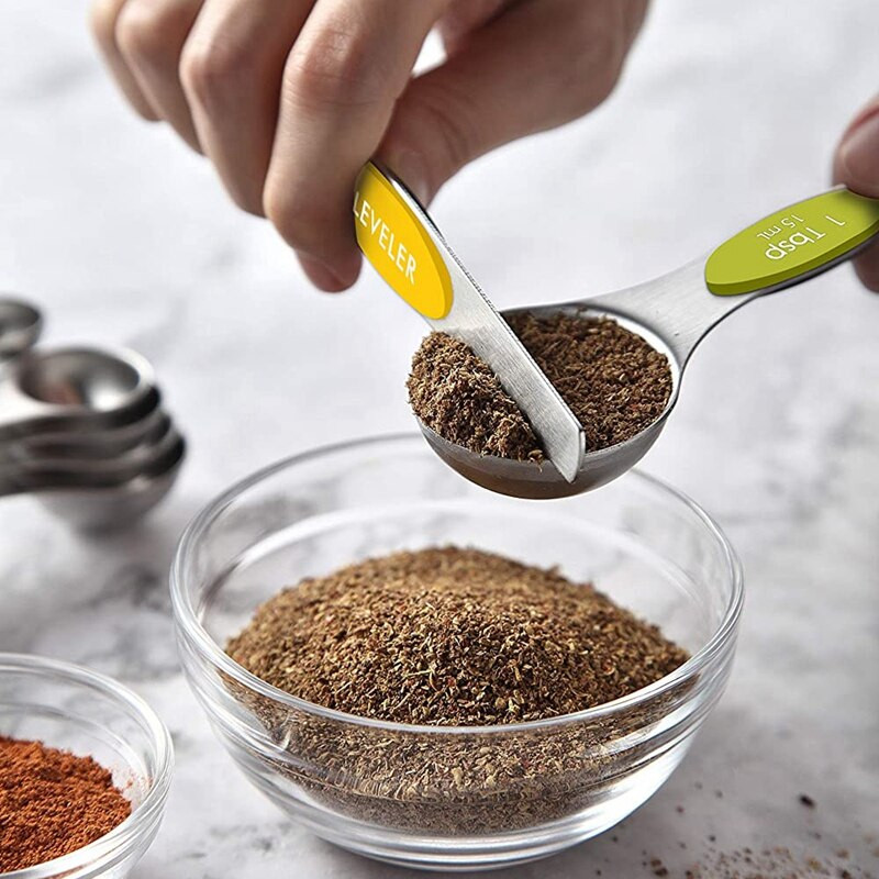 Mérőkanál készlet, kétoldalas mágneses mérőkanál, 1 szintező, 5 mini mérőkanál, szárazhoz, folyékony hozzávalókhoz