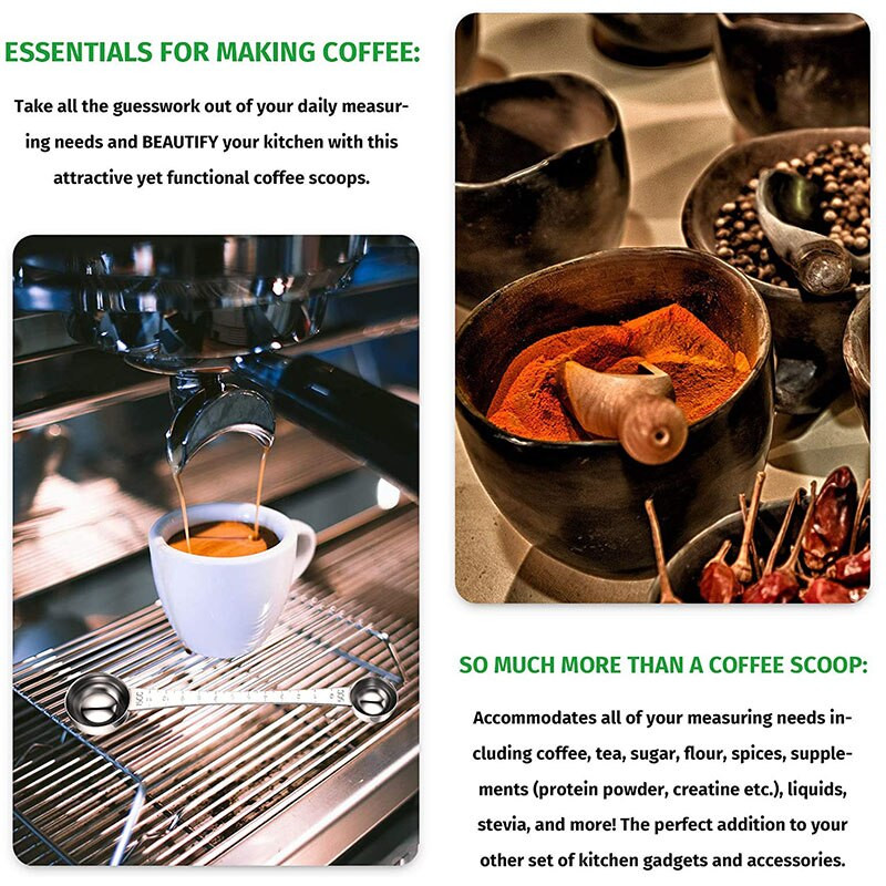 2 db pipajeles kávéskanál, 1 evőkanál és 1 teáskanál rozsdamentes acél kávémérő kanál kávéhoz