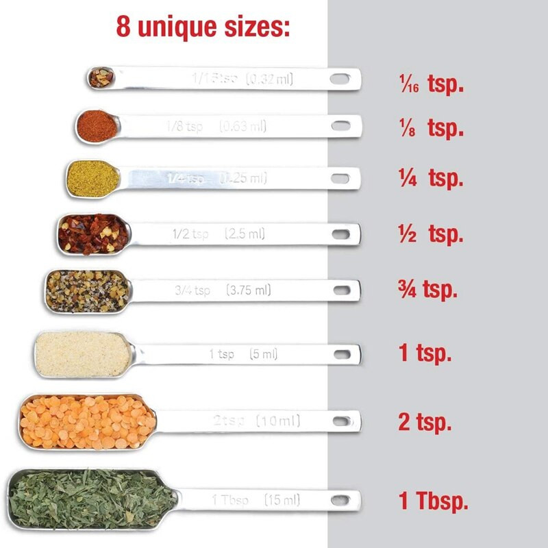 Mérőkanalak bónuszkiegyenlítővel, rozsdamentes acél fém, száraz és folyékony hozzávalók méréséhez főzéshez és sütéshez