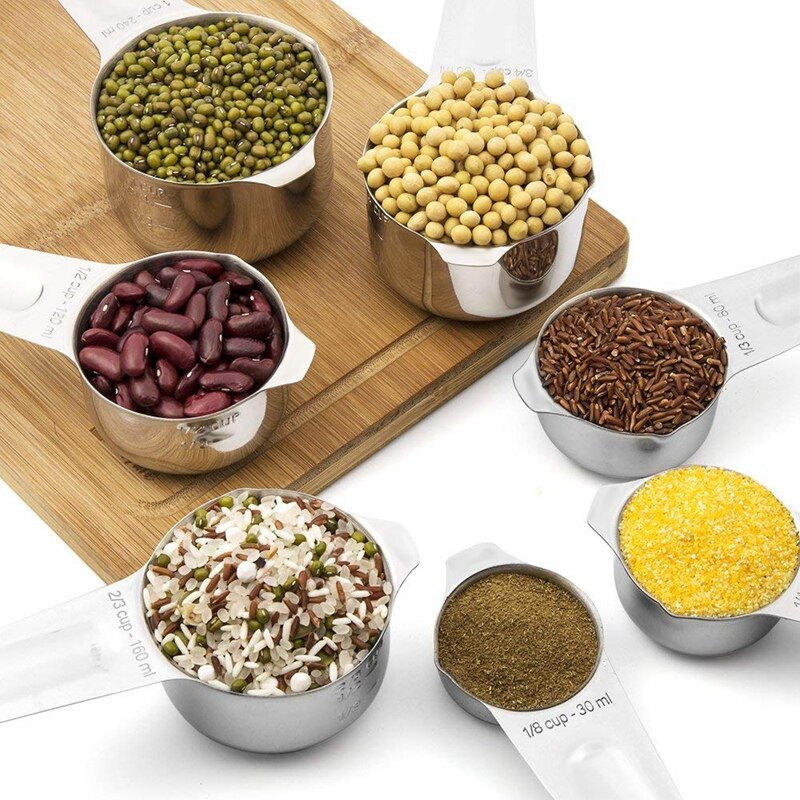 2 szett rozsdamentes acél egymásra rakható mérőkanál száraz és folyékony hozzávalókhoz, maratott, jelöléssel, 1 készlet levehető gyűrűtartóval