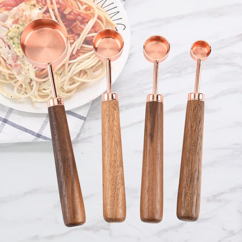 4 ΤΕΜ από ανοξείδωτο ατσάλι Χάλκινο κουτάλι μέτρησης Λαβή καρυδιάς Σετ κουταλιών μέτρησης Εργαλεία ψησίματος Εργαλεία κουζίνας