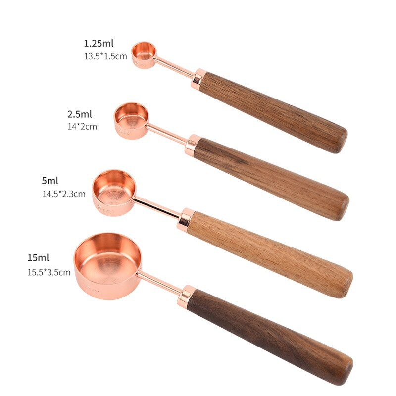 4 ΤΕΜ από ανοξείδωτο ατσάλι Χάλκινο κουτάλι μέτρησης Λαβή καρυδιάς Σετ κουταλιών μέτρησης Εργαλεία ψησίματος Εργαλεία κουζίνας