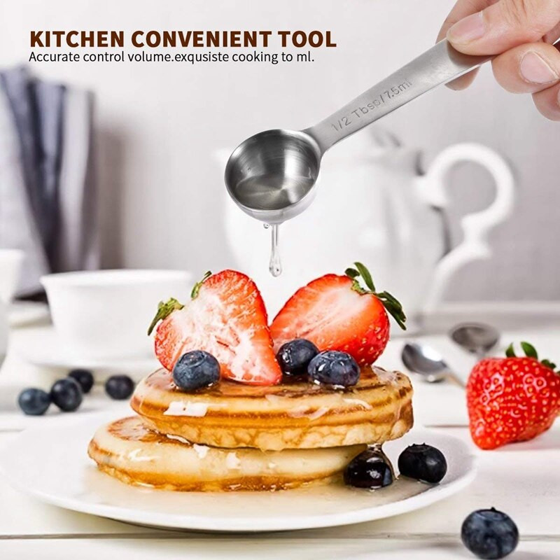 2 σετ από ανοξείδωτο ατσάλι στοιβαζόμενα μεζούρα για ξηρά και υγρά συστατικά με χαραγμένη σήμανση, 1 σετ με αποσπώμενη θήκη δακτυλίου