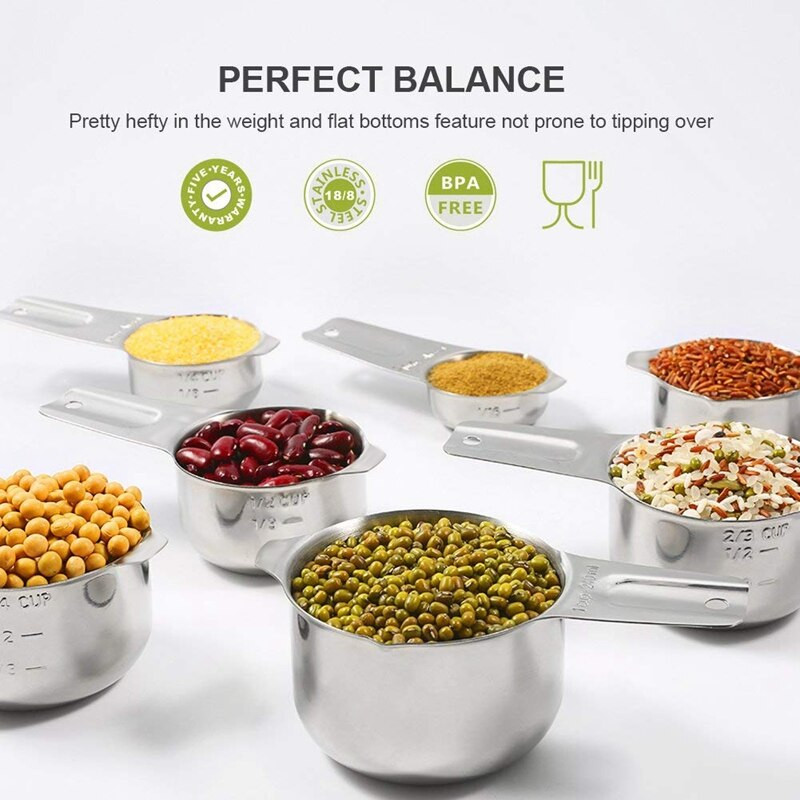 2 σετ από ανοξείδωτο ατσάλι στοιβαζόμενα μεζούρα για ξηρά και υγρά συστατικά με χαραγμένη σήμανση, 1 σετ με αποσπώμενη θήκη δακτυλίου