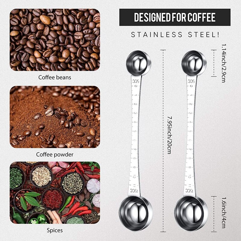 2 τεμάχια μεζούρες καφέ με τσιμπούρι, 1 κουταλιά της σούπας και 1 κουταλάκι του γλυκού Μεζούρα καφέ από ανοξείδωτο χάλυβα για καφέ