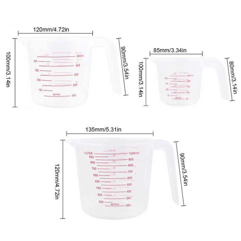 3 vnt. plastikinis matavimo puodelis, talpa Skaidrus matavimo ąsočio rinkinys, sukraunamas skaidrus karščiui atsparus puodelis skysčiui matuoti