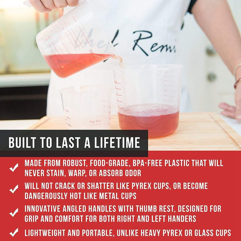 SHGO HOT-3pc plastični mjerni vrč, set velikih 4 šalice, 2 šalice i 1 šalice, mjerne čaše bez BPA s ručkom pod kutom Essenti