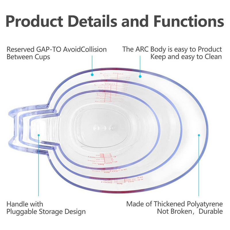 Mjerne čaše od 3 komada Mjerni vrčevi koji se mogu složiti Plastična ručka Kuhinjska mjerna posuda s graduiranom