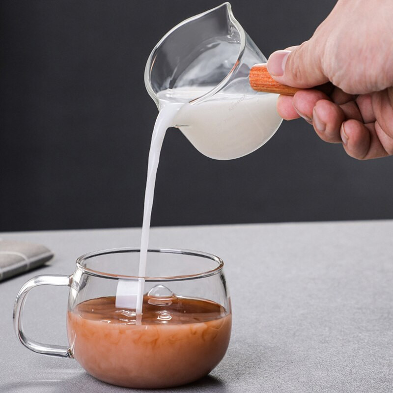 Komplet vrča s dvostrukim kljunom, stakleni vrč za mjerenje, mjerna posuda s troslojnom drvenom ručkom, staklena čaša od 75 ml s vagom Novo