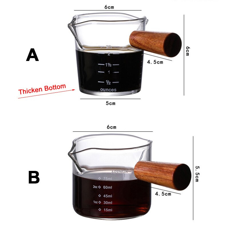 Komplet vrča s dvostrukim kljunom, stakleni vrč za mjerenje, mjerna posuda s troslojnom drvenom ručkom, staklena čaša od 75 ml s vagom Novo