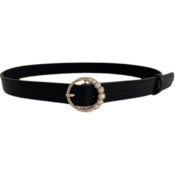 Ženski remen od eko kože sa okruglom kopčom i ukrasnim perlicama