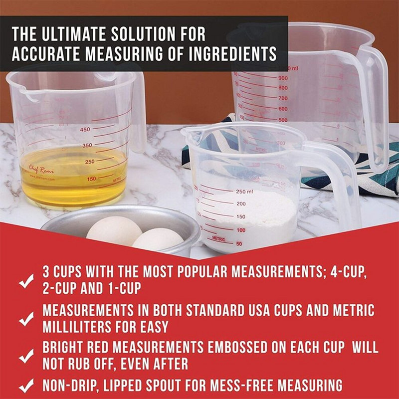 3 kom plastične mjerne čaše Vrč Izljevna površina Kuhinjska mjerna čaša s graduiranom čašom za pečenje Mjera za tekućinu 250/500/1000 ML