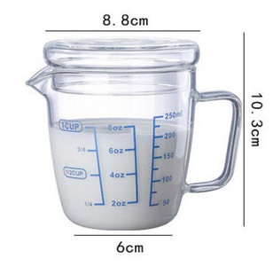250 ml/500 ml Pyrex pieno matavimo puodelis Svarstyklės mikrobangų matavimo puodelis Stiklinis pieno ąsotis su dangteliu espreso puodeliai