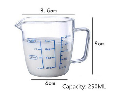 250 ml/500 ml Pyrex pieno matavimo puodelis Svarstyklės mikrobangų matavimo puodelis Stiklinis pieno ąsotis su dangteliu espreso puodeliai